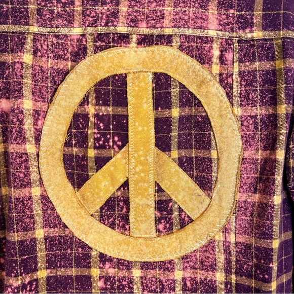 Peace Sign Boho Hippie Purple Yellow Festival Flannel Casual Womens M Upcycled - Picture 6 of 13